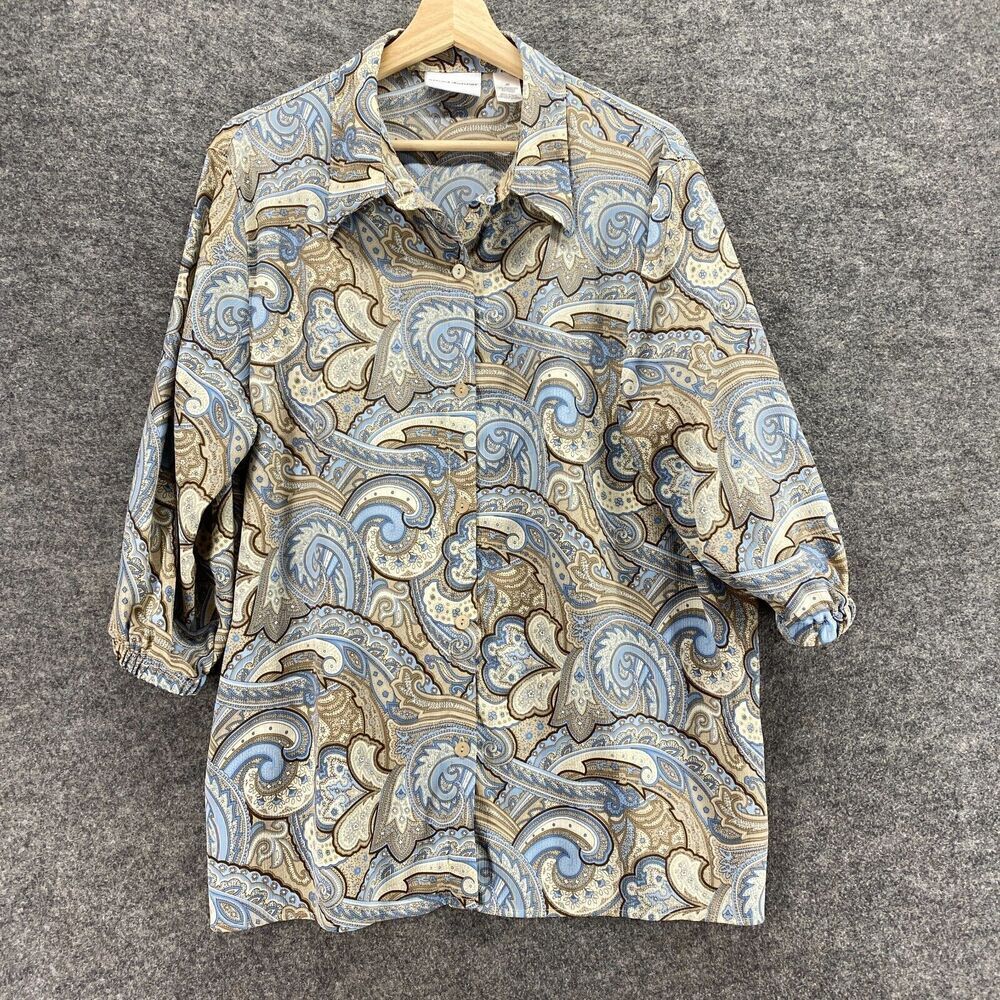 Alfred Dunner Shirt Women 20 Plus Blue Paisley Button Up Collared 3/4 Sleeve